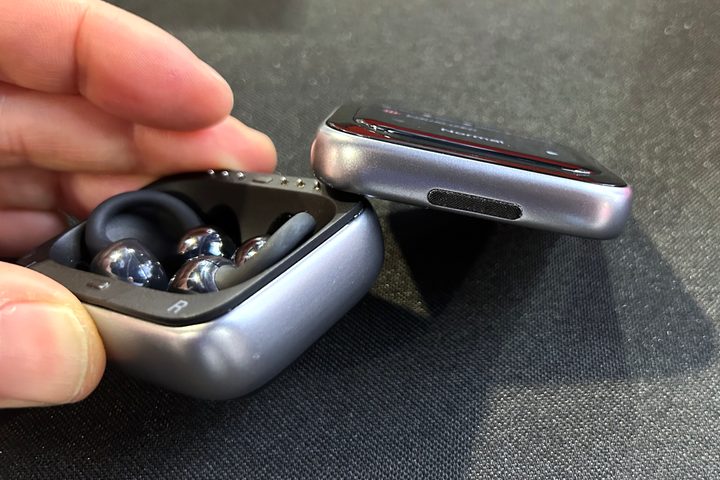 An unreleased and unnamed set of 1More open-ear earbuds at CES 2025.