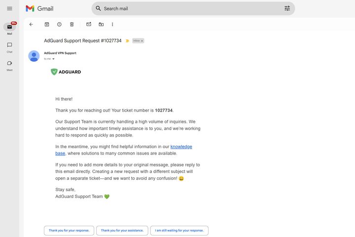 AdGuard VPN offers support via email and sometimes it takes a long time.