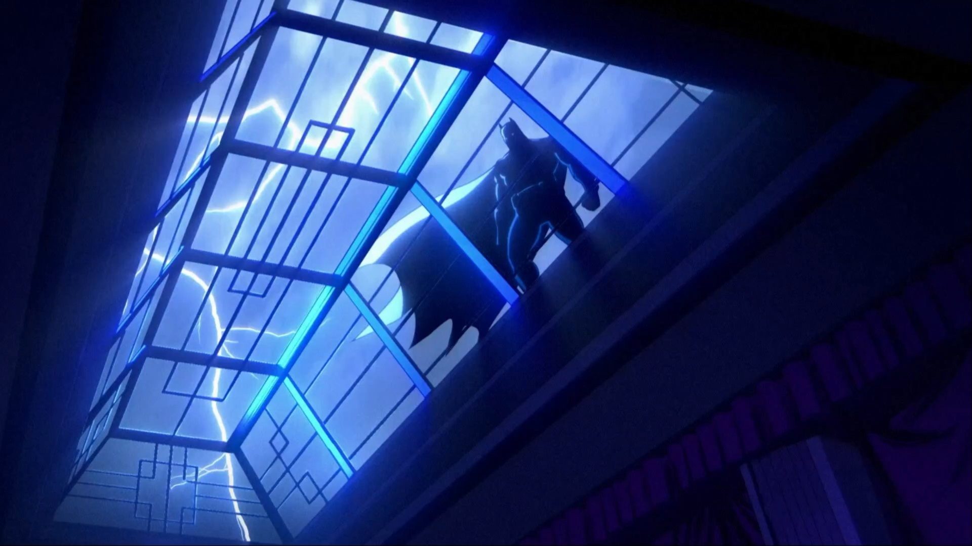 Batman stands on the roof looking through the window in Creature Commandos.