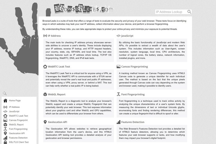 Screenshot of the BrowserLeaks website, a free, open source software that's available for online privacy tests.