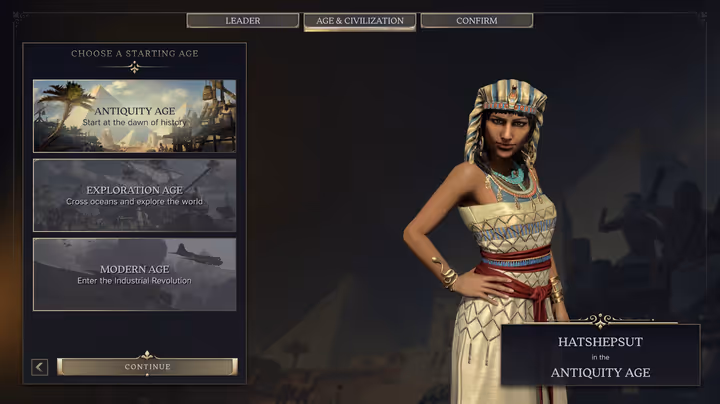 Hatsheput on the age menu Civilization 7.