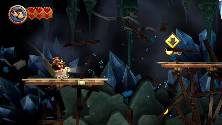 A minecart level in Donkey Kong Country Returns HD.