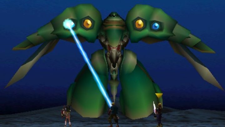 Cloud and the team fighting emerald weapon in Final fantasy 7.