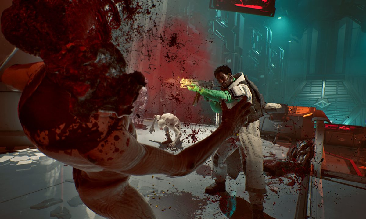 A soldier blasting a zombie apart in killing floor 3.