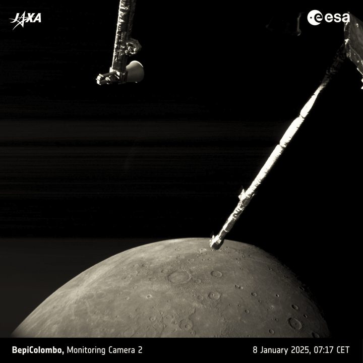 This is one of a series of images taken by the ESA/JAXA BepiColombo mission on 8 January 2025 as the spacecraft sped by for its sixth and final gravity assist manoeuvre at the planet. Monitoring camera 2 (M-CAM 2) took this photo at 07:17 CET, when the spacecraft was about 2103 km from the planet’s surface. The spacecraft’s closest approach of 295 km took place on the planet's night side at 06:59 CET.