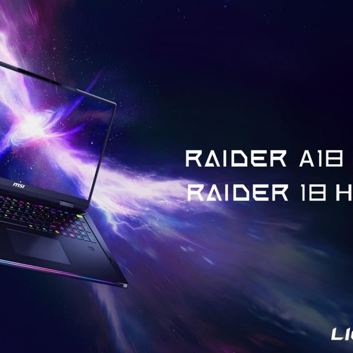 A picture of the MSI Raider laptop over a galaxy-themed background.