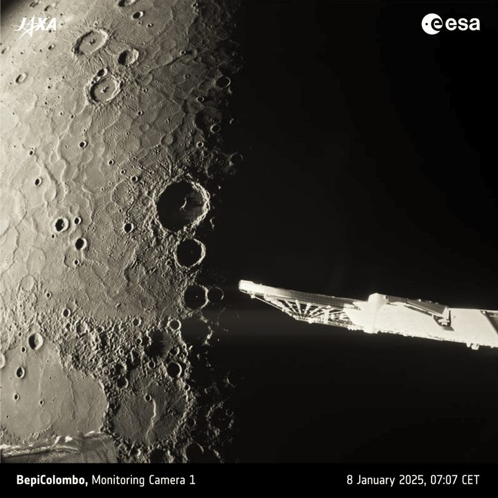 This is one of a series of images taken by the ESA/JAXA BepiColombo mission on 8 January 2025 as the spacecraft sped by for its sixth and final gravity assist manoeuvre at the planet. Flying over Mercury's north pole gave the spacecraft's monitoring camera 1 (M-CAM 1) a unique opportunity to peer down into the shadowy polar craters.M-CAM 1 took this long-exposure photograph of Mercury's north pole at 07:07 CET, when the spacecraft was about 787 km from the planet’s surface. The spacecraft’s closest approach of 295 km took place on the planet's night side at 06:59 CET.
