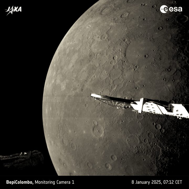 This is one of a series of images taken by the ESA/JAXA BepiColombo mission on 8 January 2025 as the spacecraft sped by for its sixth and final gravity assist manoeuvre at the planet. After flying over the planet's north pole, the spacecraft had clear views of Mercury's sunlit northern hemisphere. Monitoring camera 1 (M-CAM 1) took this photo at 07:12 CET, when the spacecraft was about 1427 km from the planet’s surface. The spacecraft’s closest approach of 295 km took place on the planet's night side at 06:59 CET.
