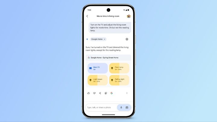 A smartphone with a menu open to Google smart controls