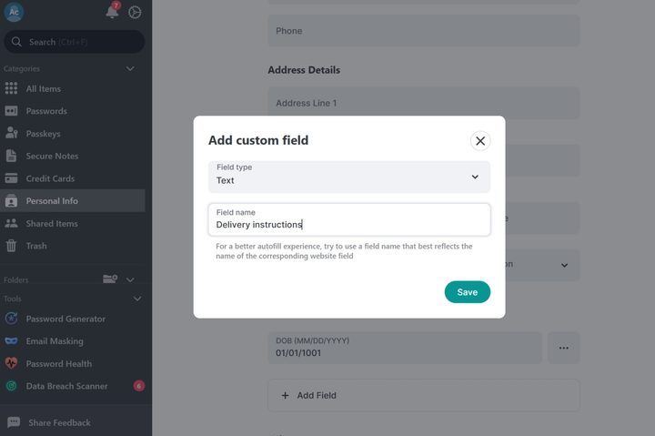 NordPass lets me add custom fields to IDs and cards.