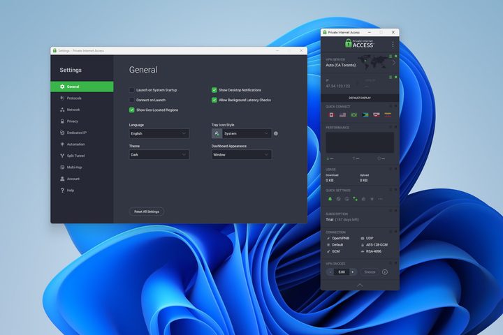 PIA's UI looks nice and there are plenty of options, but the main window is tiny.