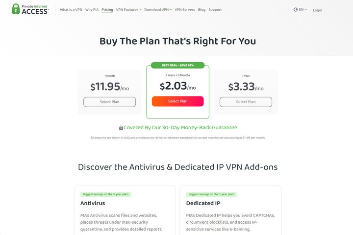 Private Internet Access (PIA) has simple pricing with three subscription terms.