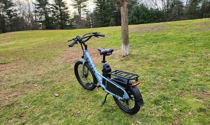 Radio Flyer Flex e-bike left rear three-quarter view ephasizing the battery, rear rack, and rear wheel spoke blocking.