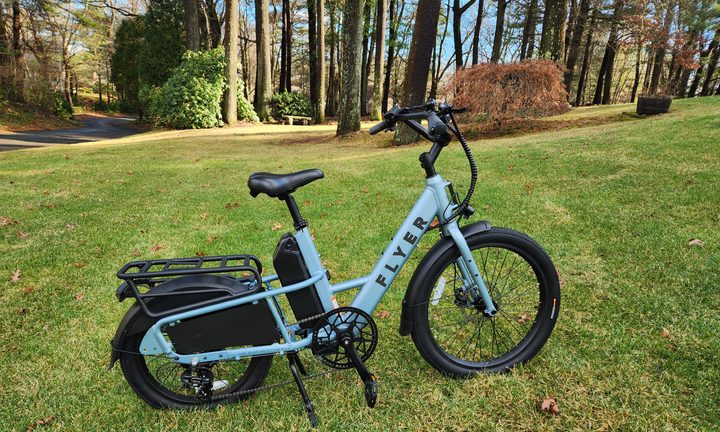Radio Flyer Flex e-bike right side view on lawn with trees in background.
