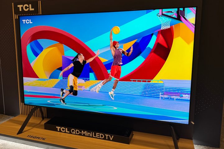 The 98-inch TCL QM7K mini-LED TV in a suite at CES 2025.