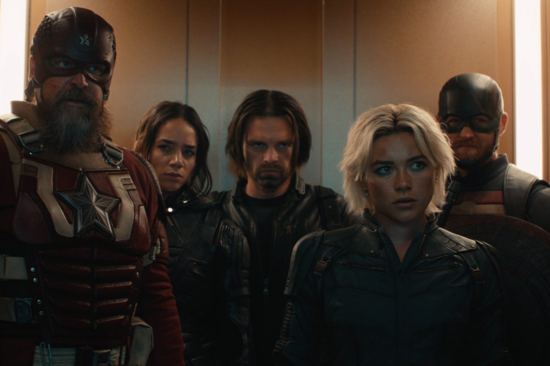 The Thunderbolts stand in an elevator together in "Thunderbolts*."