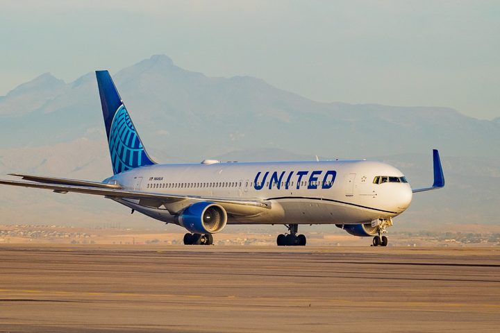 View of a United Airlines commercial plane.