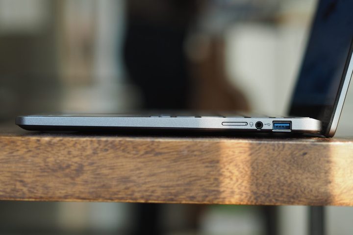 Acer Chromebook Plus Spin 14 side view showing lid and ports.