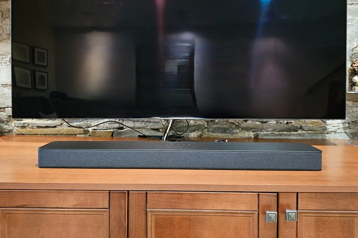 Amazon Fire TV Soundbar Plus: in front of a 65-inch TV.