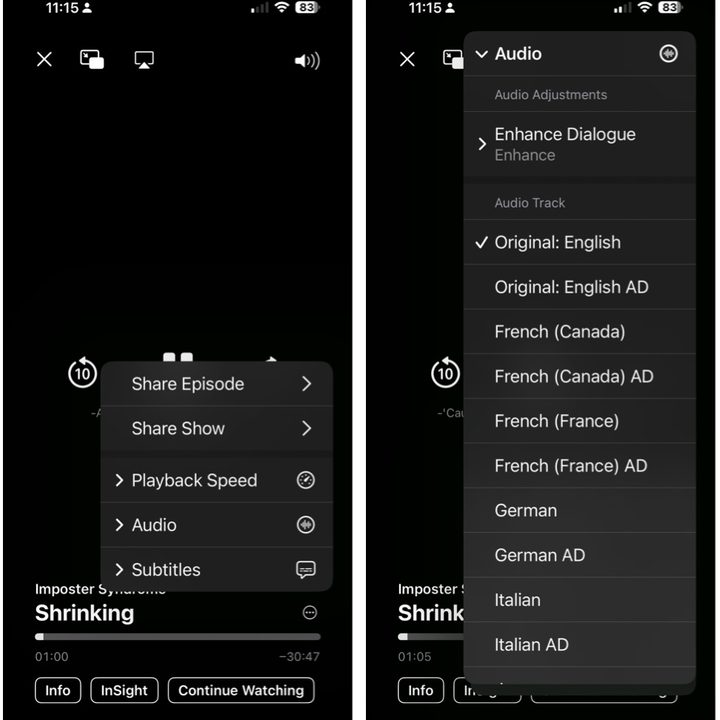 Screenshots showing how to adjust the audio or subtitles on Apple TV+ content on an iPhone.