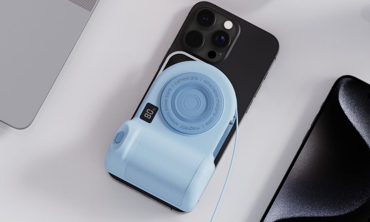 The Belkin Stage PowerGrip attached to an iPhone.