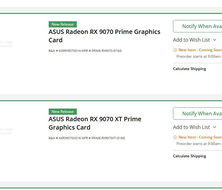 Screenshot of the B&H website showing RX 9070 XT preorders.