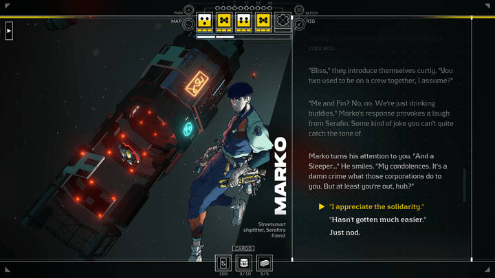 Marko talks about corporations in Citizen Sleeper 2: Starward Vector.