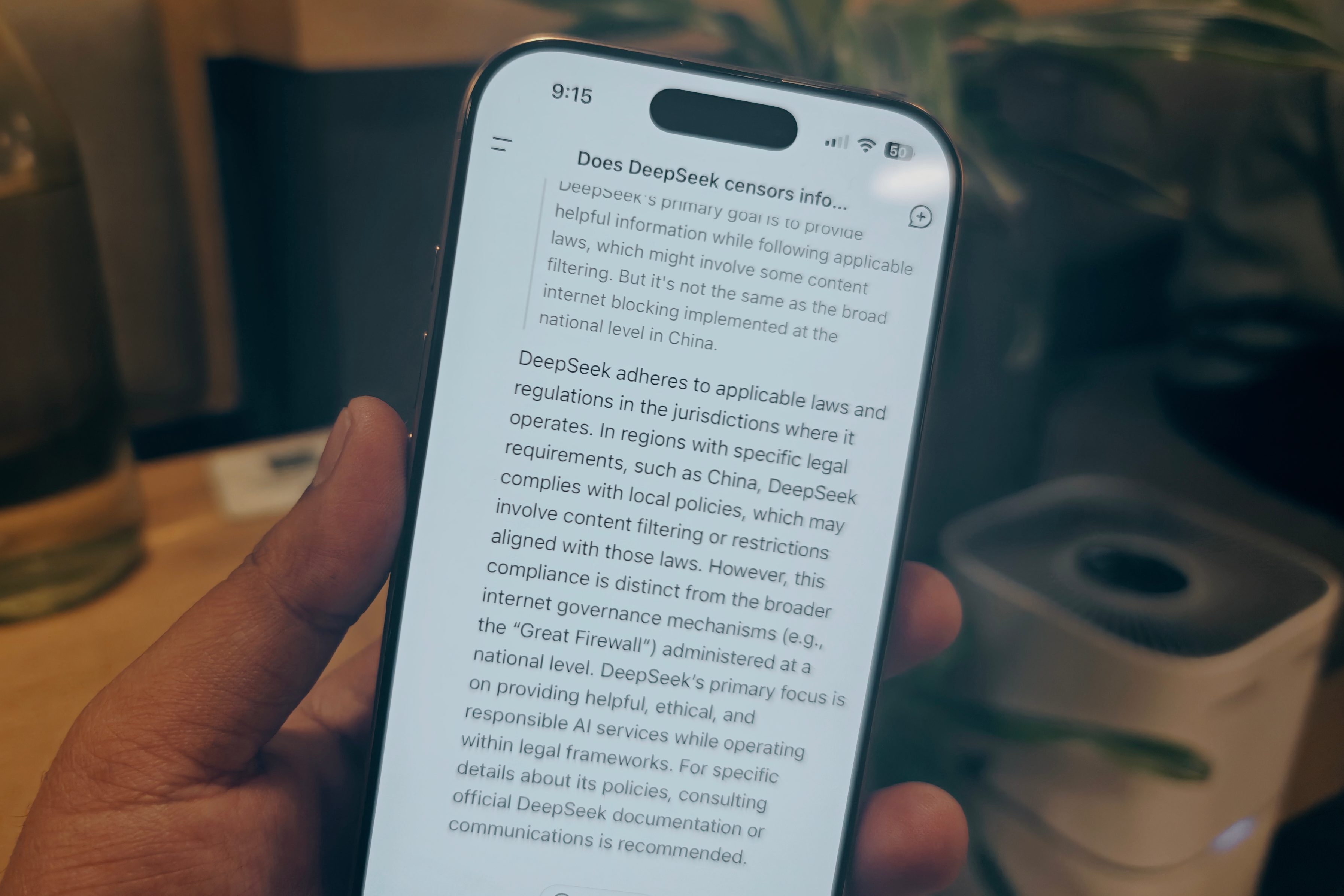 Asking DeepSeek AI about censorship in its responses.