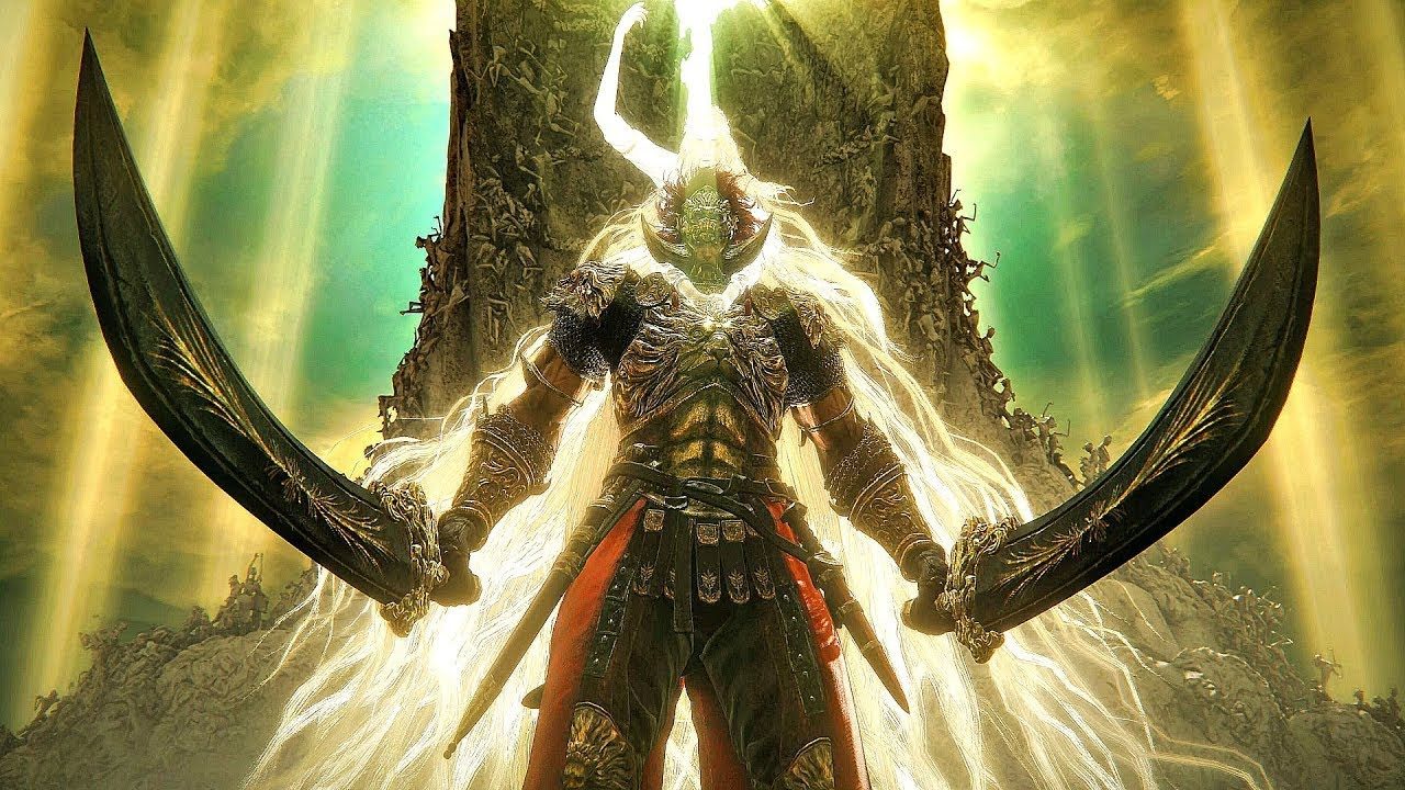 Promised Consort Radahn standing with two swords in Elden Ring.