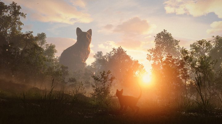 A cat looks at a giant statue in Flow.