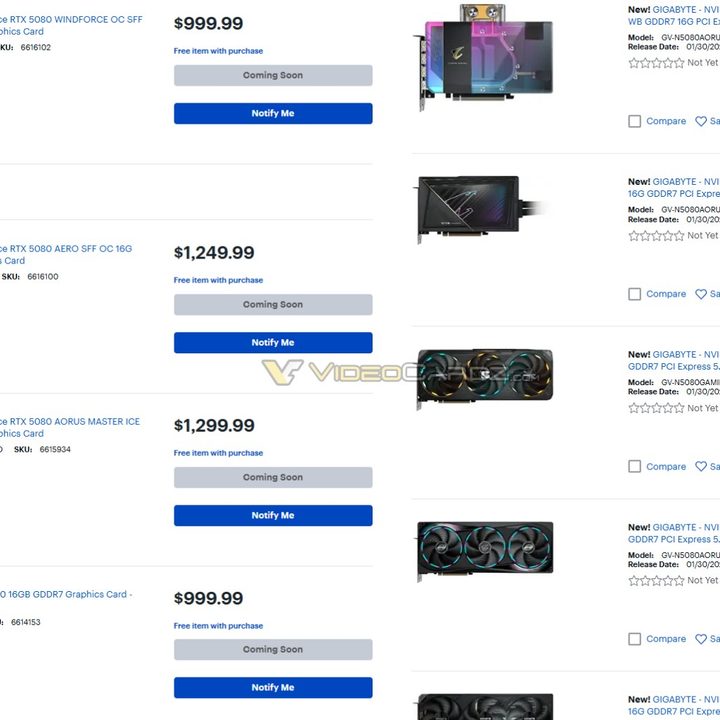 Various listings for Nvidia's RTX 5080.