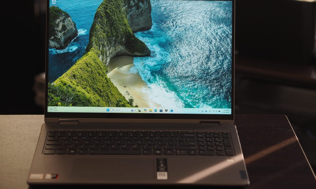 Lenovo Yoga 7 2-in-1 16 front view showing display and keyboard.