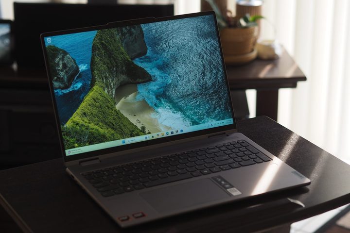 Lenovo Yoga 7 2-in-1 16 front angled view showing keyboard and display.