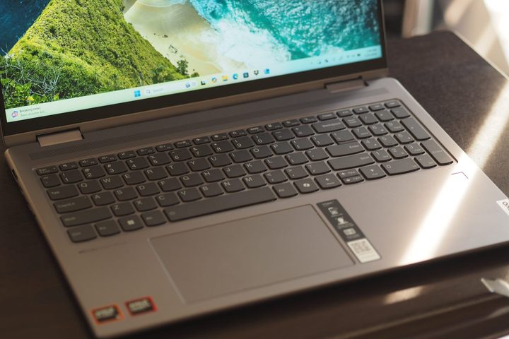 Lenovo Yoga 7 2-in-1 16 top down view showing keyboard and touchpad.