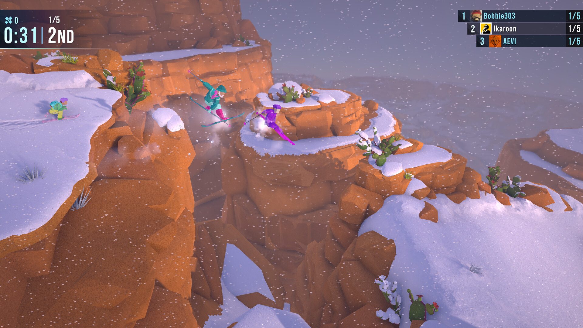 Skiers ride down a mountain in Lonely Mountain: Snow Riders.