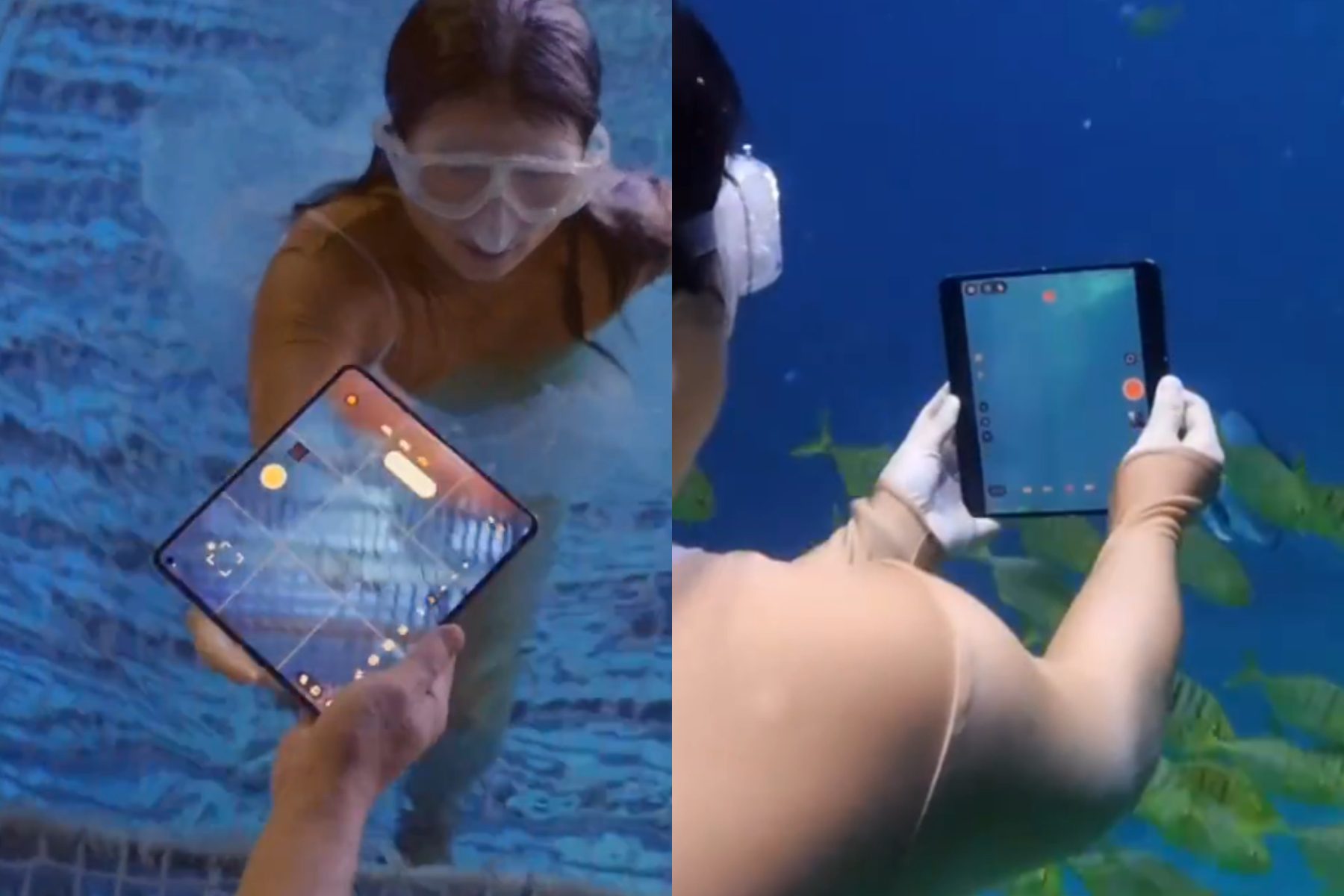 Person using the Oppo Find N5 underwater.