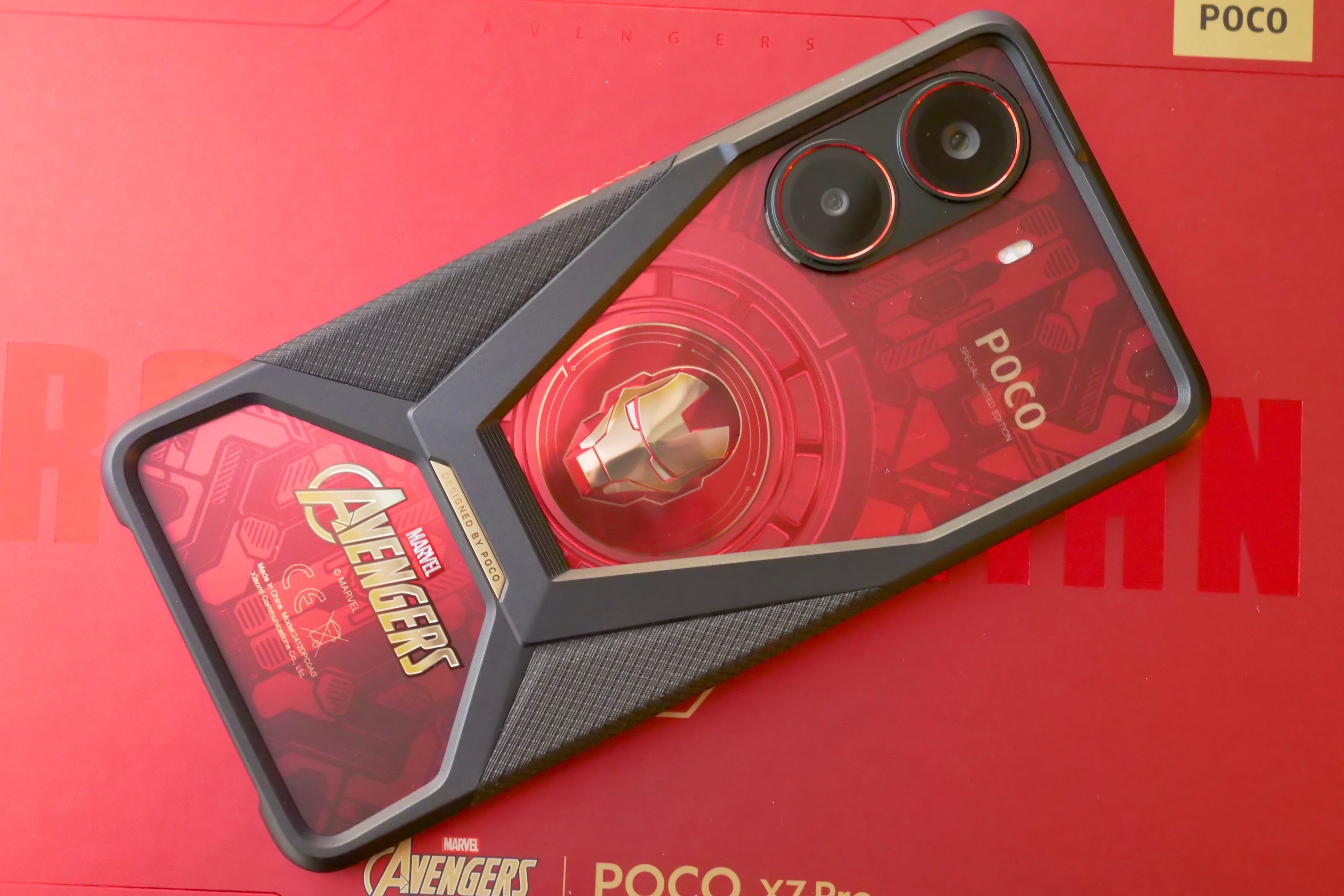 The Poco X7 Pro - Iron Man Edition in its special case.