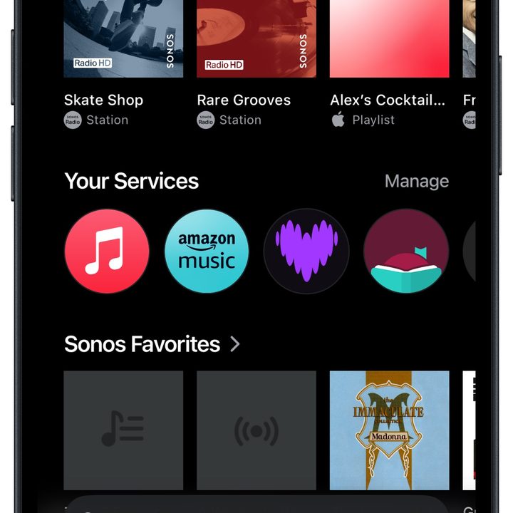 Sonos app for iOS running on an iPhone 14.