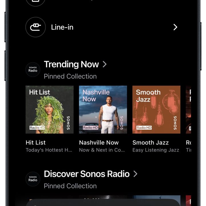 Sonos app for iOS running on an iPhone 14.