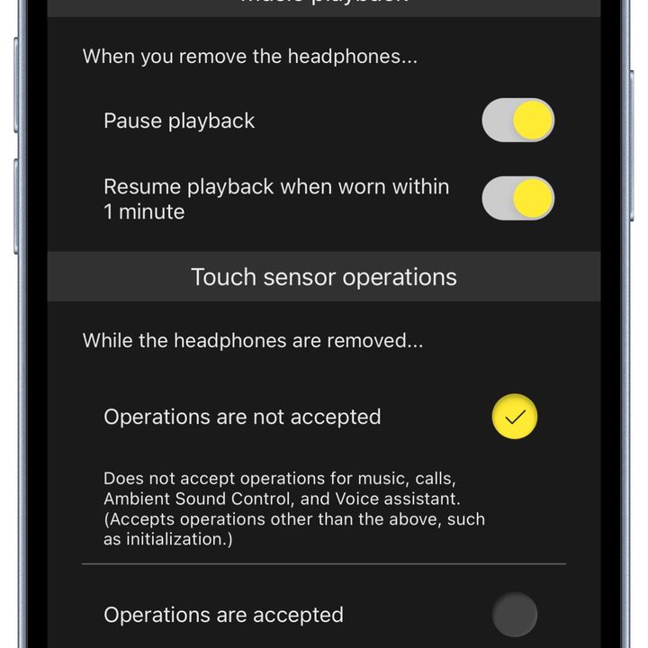 Technics Audio Connect app for iOS: wear sensor options.