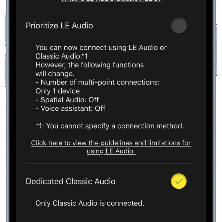 Technics Audio Connect app for iOS: LE Audio settings.