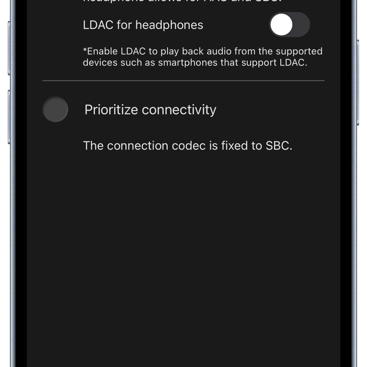 Technics Audio Connect app for iOS: Codec options.