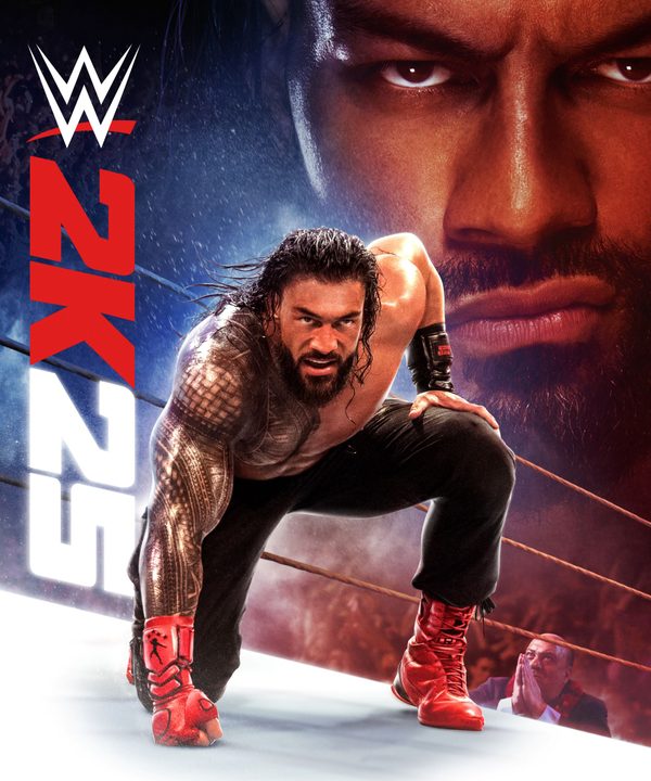 Roman Reigns poses on the cover of WWE 2K25