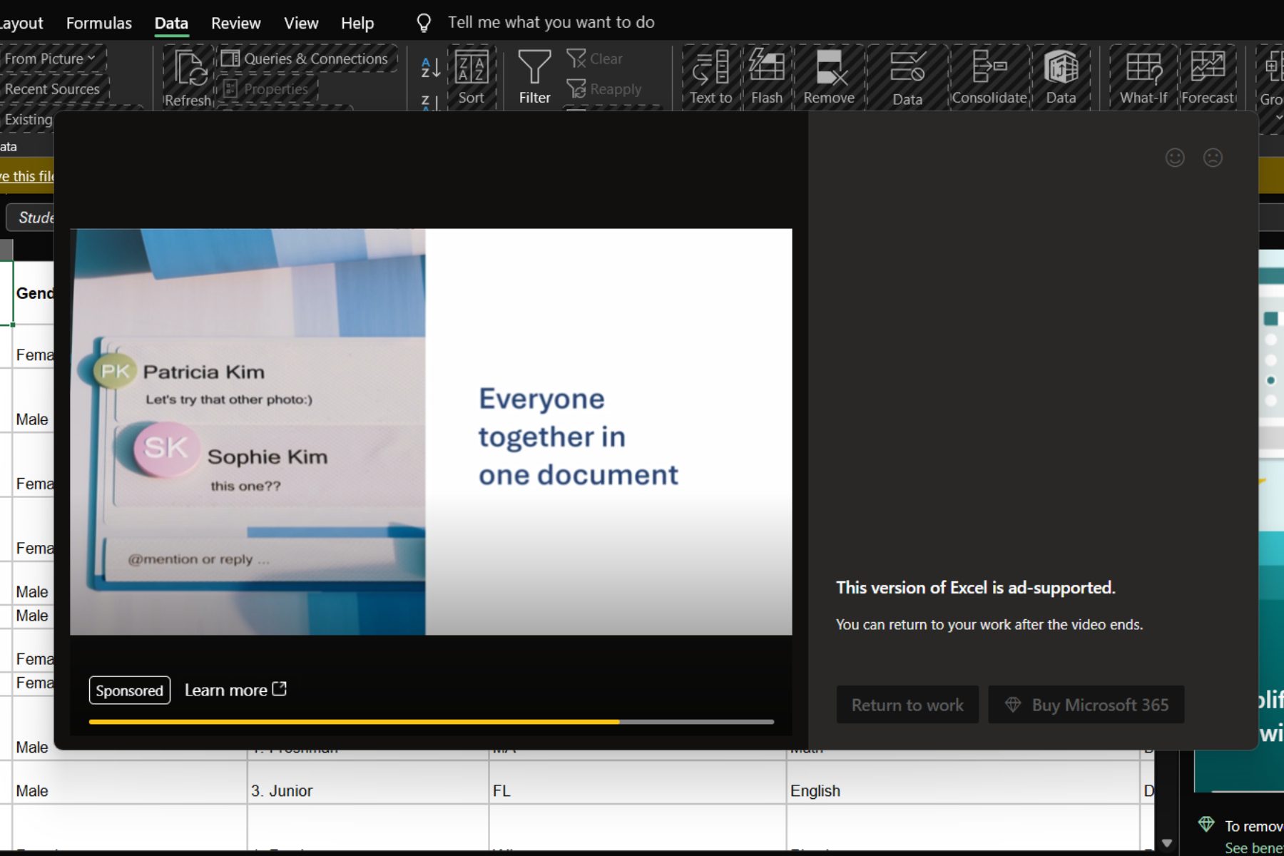 Playing 15-second ad in the free ad-supported version of Microsoft Word.