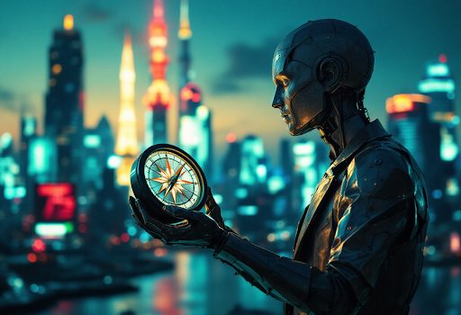 droid holding a compass