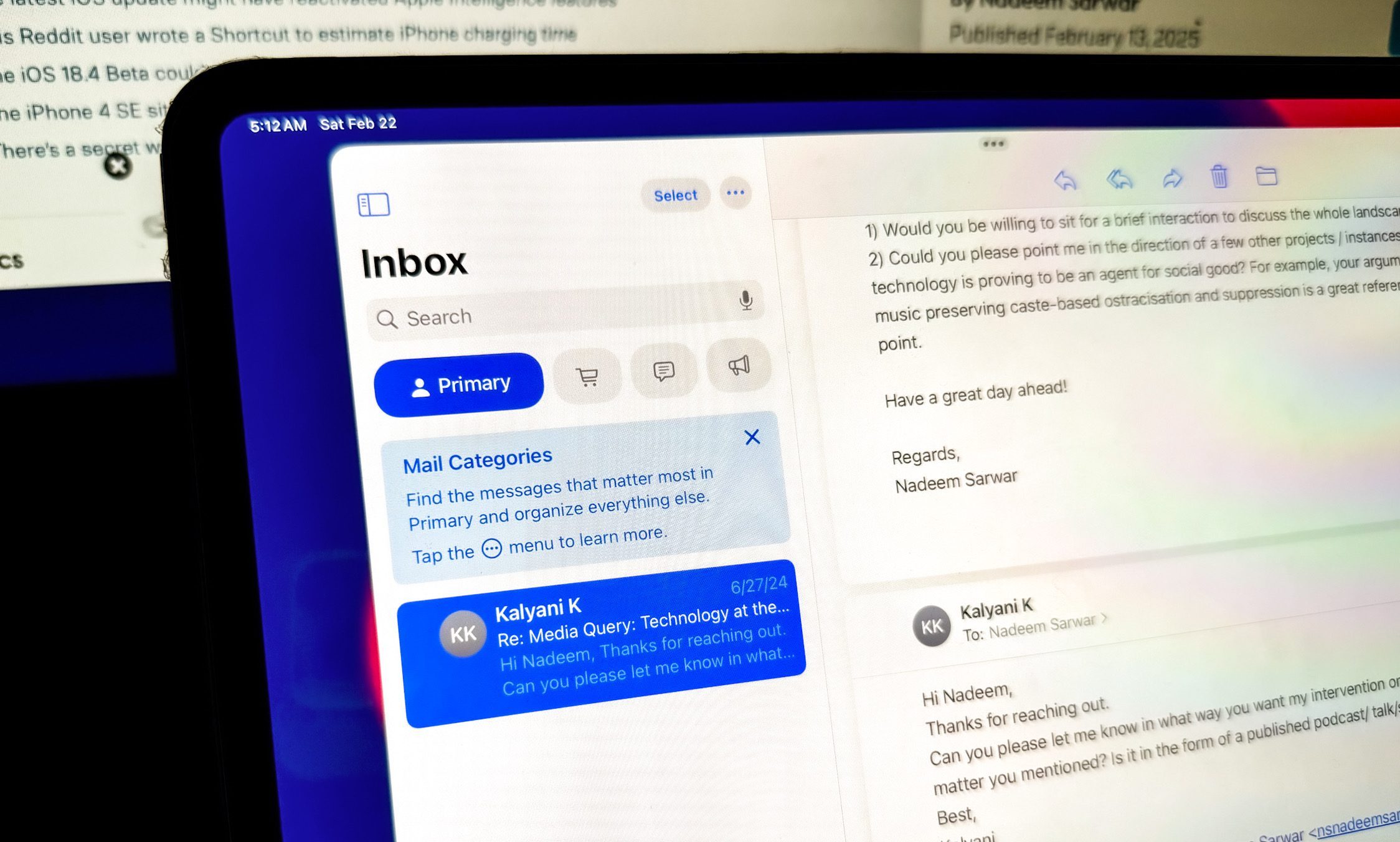 Categories in Apple Mail app for iPad and Mac.