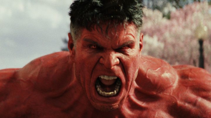 The digital likeness of Harrison Ford as the Red Hulk bellows in a still image from the movie "Captain America: Brave New World."