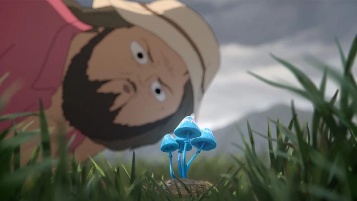 Marshall Cuso examines a blue mushroom in Common Side Effects.