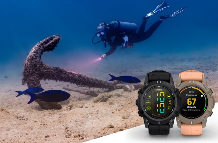 A diver wearing the Garmin Descent G2 smartwatch, exploring an anchor.