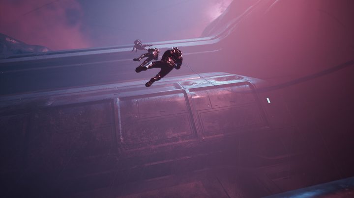 Three astronauts hanging from a rope in Directive 8020.